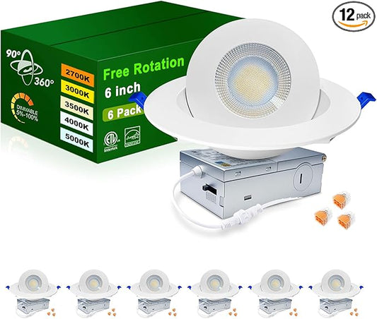 zouzai 5CCT LED Gimbal Led Recessed Light with Junction Box, 360°+90° Adjustable Directional Eyeball Lighting, Dimmable, 2700K/3000K/3500K/4000K/5000K,ETL&Energy Star (6 inch, White 6 Pack)