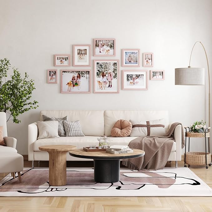 Egofine 11x14 Picture Frames Set of 4, Made of Solid Wood Covered by Plexiglass 5x7 and 8x10 with Mat or 11x14 without Mat, for Table Top Display and Wall Mounting Photo Frame Peach Pink