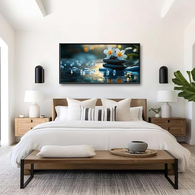Zen Framed Wall Art for Living Room, Large Lotus Canvas Wall Decor, Stones in Water Landscape Pictures Painting, Modern Artwork for Spa Bathroom Bedroom 60L'' × 30W''