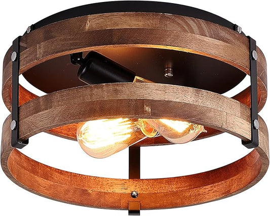 2-Light Rustic Flush Mount Light Fixture Oak Wood Round Drum Semi Flush Mount Ceiling Light for Hallway Bedroom Kitchen Entryway Farmhouse, Black