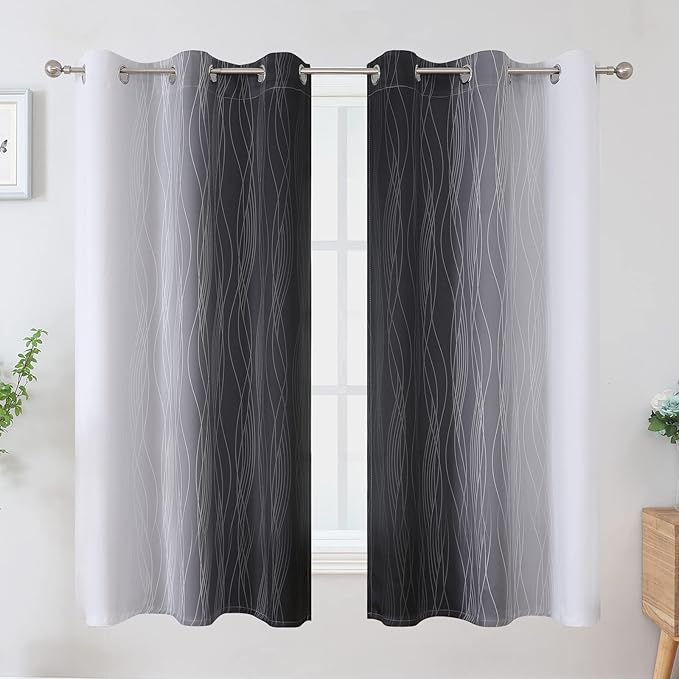 Estelar Textiler Ombre Greyish White and Black Blackout Curtains & Drapes 63 Inch Length 2 Panels for Bedroom, Thermal Insulated Full Light Blocking Grommet Blackout Drapes for Kids Room, 42Wx63L