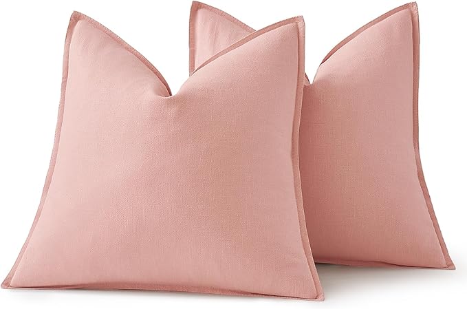 MIULEE Decorative Linen Pillow Covers 18x18 Inch Pink Boho Farmhouse Neutral Couch Throw Pillows for Bed Pack of 2 Accent Modern Pillowcase Sofa Livingroom Home Decor