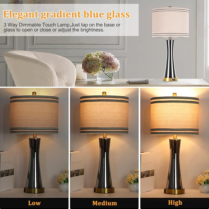 27.4''Table Lamps for Living Room Set of 2,3-Way Dimmable Modern Glass Bedside Lamps with USB Ports,Tall Lamps for Night Stands,Touch End Table Lamps for Bedroom Desk Lamps for Home Office(Grey)