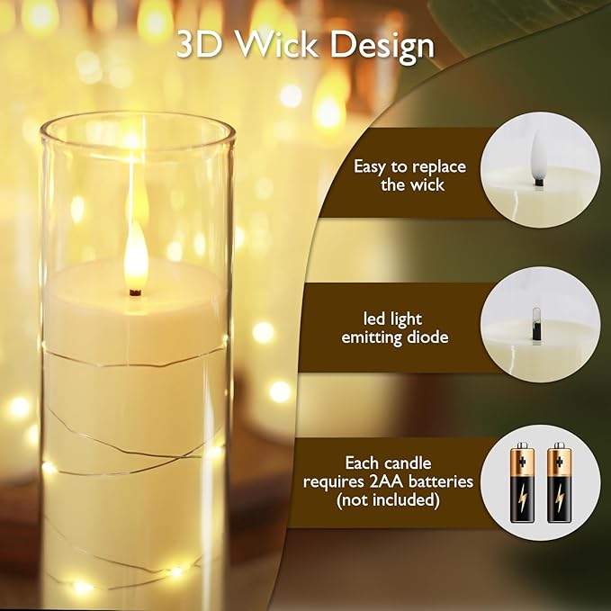 Raycare Flameless LED Candles with Embedded Star String, 9 Pcs Battery Operated Acrylic Pillar Candle with Timer and Remote, Flickering Candles for Romantic Ambiance and Home Decoration (Ivory)