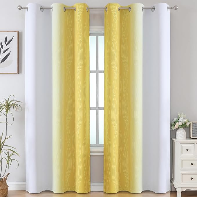 Estelar Textiler Yellow and Greyish White Gradient Room Darkening Blackout for Living Room, Thermal Insulated Ombre Light Blocking Grommet Blackout Drapes for Bedroom, 42Wx84L, 2 Panels