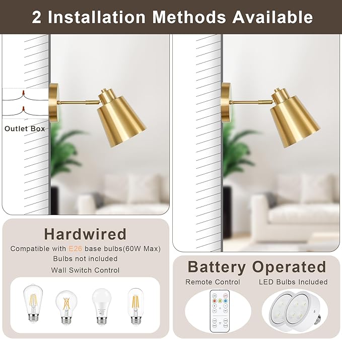 Battery Operated Wall Sconces Set of 2, Dimmable LED Wall Lights with Remote Control, Indoor Sconce Wall Lighting 3000K/4000K/6000K Adjustable Gold Wall Mounted Lamps for Bedroom Living Room Hallway