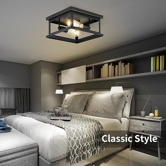 Drosbey 2-Light Flush Mount Ceiling Light Fixture, Farmhouse Light Fixtures, Industrial Vintage Ceiling Light for Kitchen, Bedroom, Hallway, Laundry