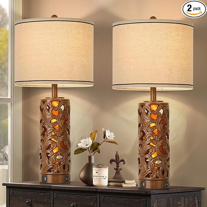 AIDENOEY 27.5" H 3-Way Dimmable Touch Control Table Lamp with USB A+C Ports, Vintage Walnut Finish Resin Bedside Farmhouse Table Lamp Set of 2,for Living Room,Bedroom,Office