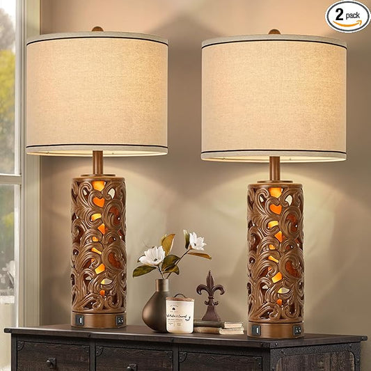 AIDENOEY 27.5" H 3-Way Dimmable Touch Control Table Lamp with USB A+C Ports, Vintage Walnut Finish Resin Bedside Farmhouse Table Lamp Set of 2,for Living Room,Bedroom,Office