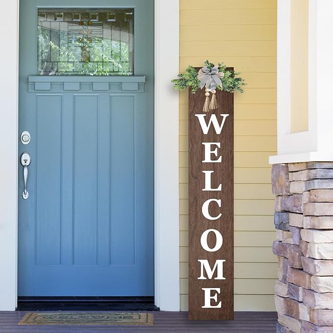 Outdoor Welcome Sign for Front Door Standing 47"X8" Large Farmhouse Wood Framed Tall Leaner Vertical Decor Rustic Home Outside Welcome Sign for Front Porch Decoration (Wood)