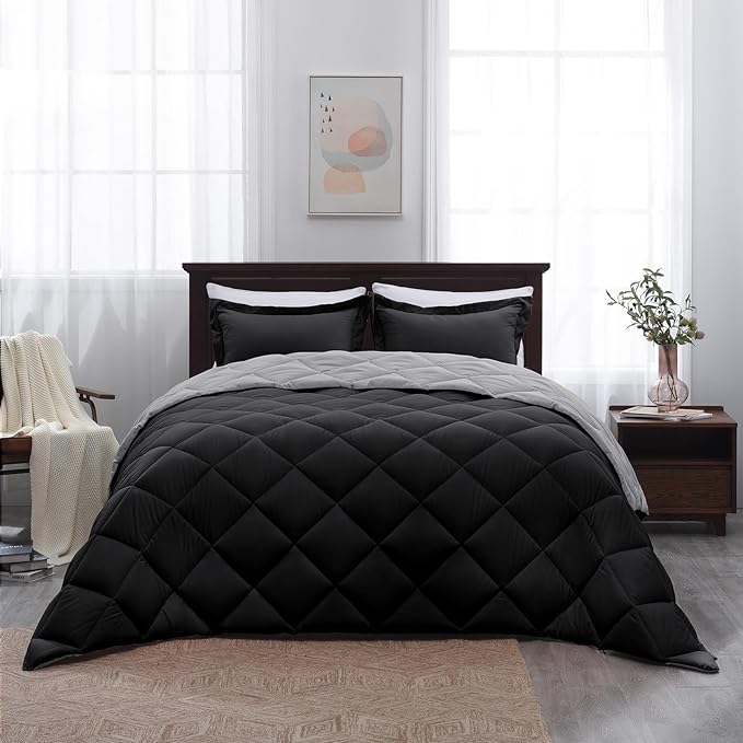 Basic Beyond Full Size Comforter Set - Black and Grey Comforter Set Full, Reversible Comforter Full Size Set, 1 Comforter (82"x92") and 2 Pillow Shams (20"x26"+2")