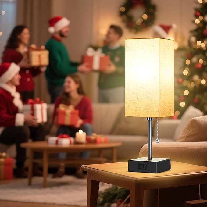 Table Lamp for Bedroom Set of 2, Bedside Lamps with 3 Color Temperatures Night Light, Lamp for Night Stands with AC Outlet and Square Shade, Pull Chain Small Desk Lamp for Living Room Home Decor