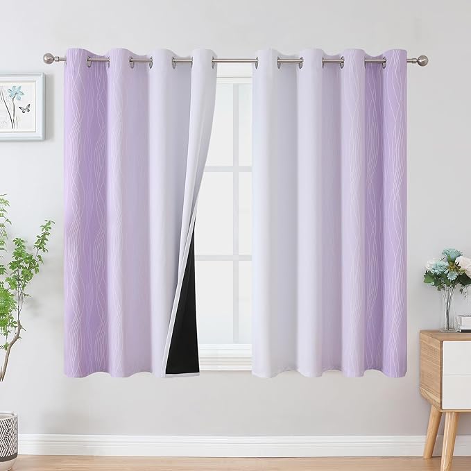 Estelar Textiler Lilac and Greyish White Blackout Curtains 45 Inch Length, Light Blocking Gradient Drapes for Kitchen, Thermal Insulated Grommet Ombre Curtains for Bathroom,52Wx45L,2 Panels