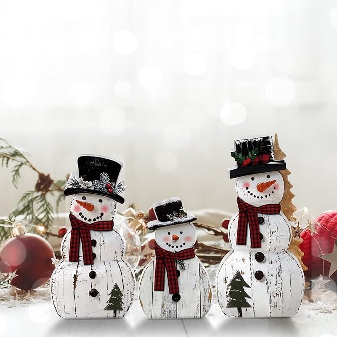 Barydat 3 Pcs Snowman Christmas Decor Winter Wooden Table Decorations, Rustic Snowman Table Centerpieces Block Sign for Xmas Holiday Party Indoor Home Kitchen Office Room Decorations