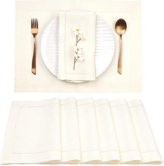 D'Moksha Homes Linen Placemats Set of 6 - Classic Hemstitch Ivory Placemats 14 x 19 Inch - 100% Pure Linen Table Mats for Fall, Autumn and Halloween - Handcrafted and Machine Washable