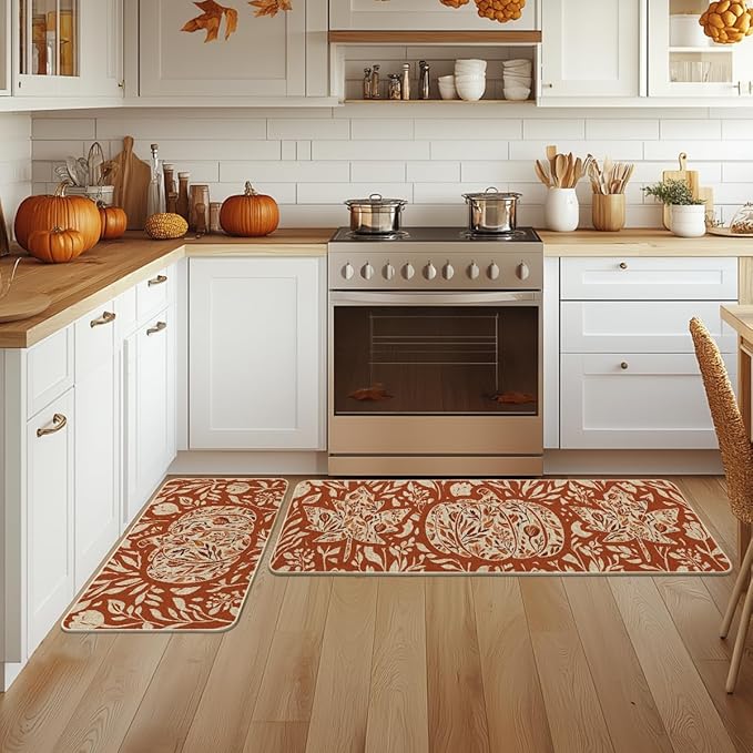 Artoid Mode Orange Flower Pumpkin Fall Kitchen Mats Set of 2, Autumn Home Decor Low-Profile Kitchen Rugs for Floor - 17x29 and 17x47 Inch