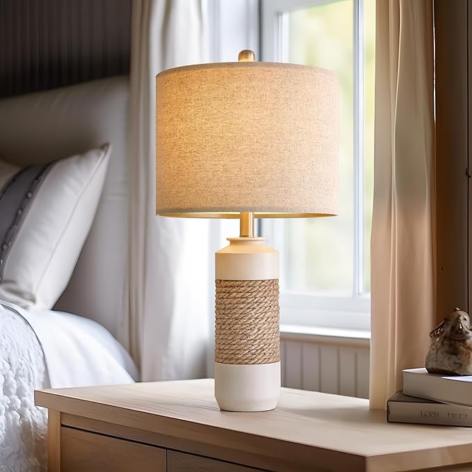 OYEARS 23.75" Bedside Table Lamps Set of 2 for Sleeping and Reading, Vintage Farmhouse Rattan Table Lamp Antique White Resin Lamp for Decoration, Office Living Room Bedside Table