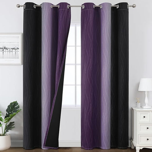 Estelar Textiler Purple and Black Blackout Curtains for Living Room, Full Room Darkening Ombre Curtains for Bedroom, Thermal Insulated Light Blocking Gradient Grommet Drapes, 42Wx84L, 2 Panels