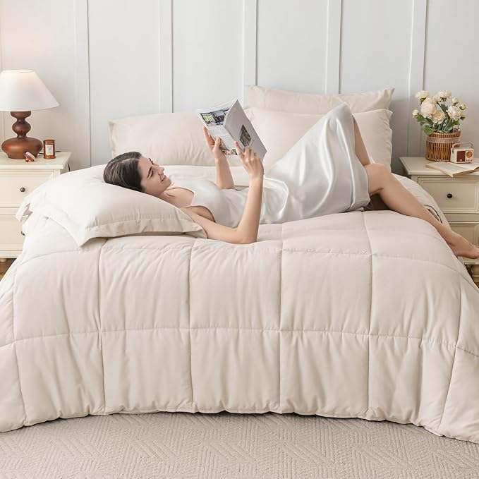 JOLLYVOGUE Twin XL Comforter Set, Ultra-Soft Bed in a Bag Twin XL Size 5 Pieces, Oeko-TEX Certified Bedding Set with Down Alternative Comforter, Sheets, Pillowcases & Shams, Beige