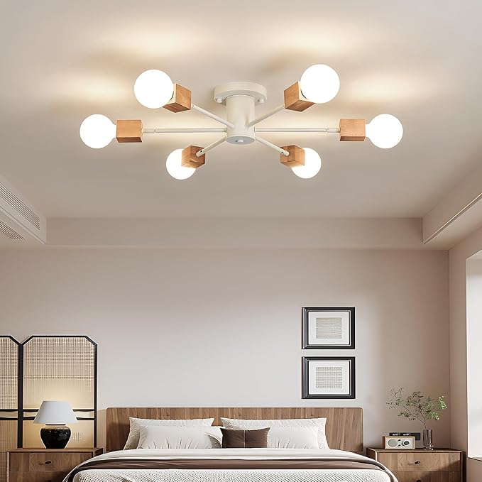 Boho 6-Light Sputnik Chandelier Semi Flush Mount Ceiling Light Fixture Farmhouse Wood and White Ceiling Lamp for Dining Room Living Room Bedroom Kitchen