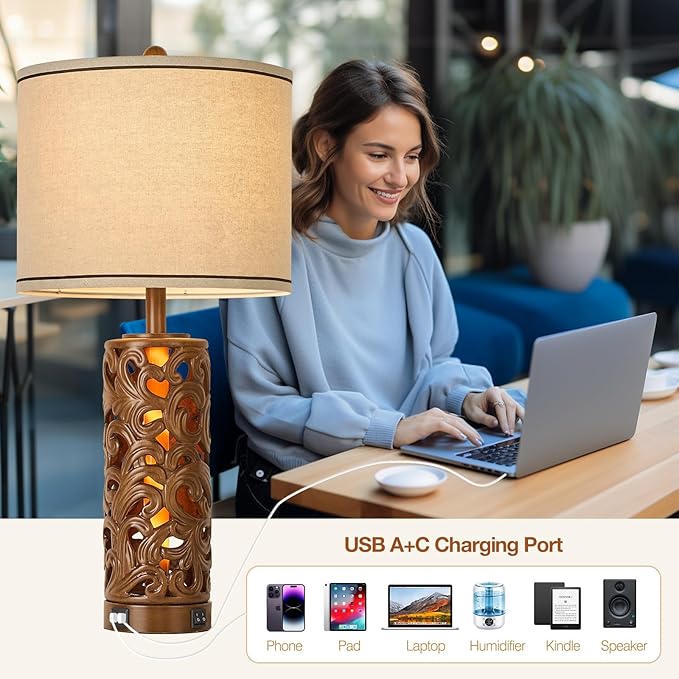 AIDENOEY 27.5" H 3-Way Dimmable Touch Control Table Lamp with USB A+C Ports, Vintage Walnut Finish Resin Bedside Farmhouse Table Lamp Set of 2,for Living Room,Bedroom,Office