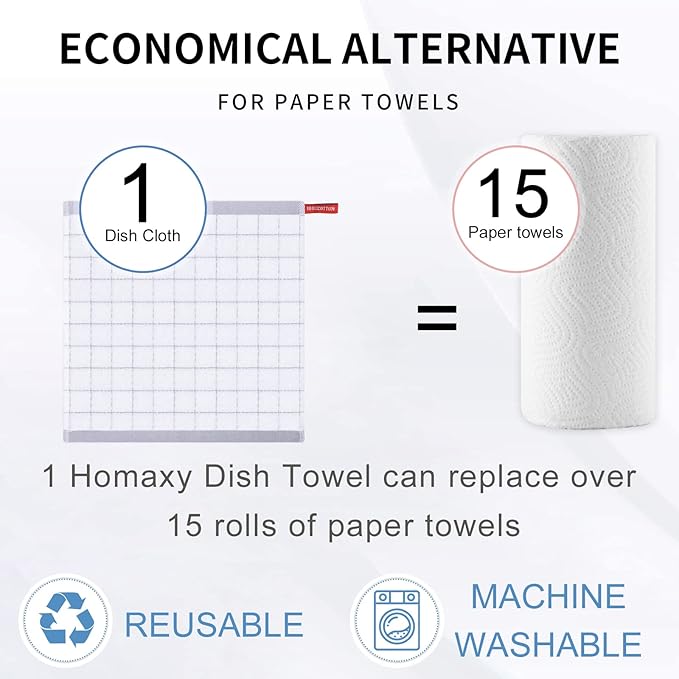 Homaxy 100% Cotton Terry Kitchen Dish Cloths, Ultra Soft and Absorbent Dish Towels for Kitchen, Suitable for Drying and Washing Dishes, 6 Pack, 12 x 12 Inches, White