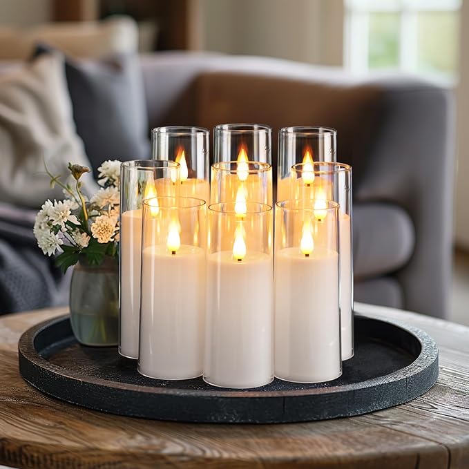 Amagic Pure White Flameless Candles, 9 Pack Battery Operated Candles with Remote and Timer, Acrylic Flickering Electric LED Candles for Wedding, Holiday Decor, D2.2''xH5''6" 7", Warm Yellow Glow