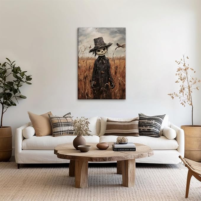 Vintage Fall Wall Art Cute Scarecrow in Field Posters Scarecrow Pictures Canvas Prints Autumn Cornfield Cottage Core Halloween Room Decor 16x24inch Framed