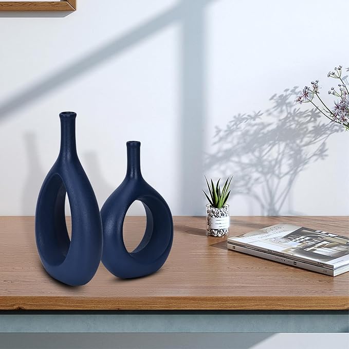 Navy Blue Ceramic Hollow Elliptical Vase Set of 2 - Boho Circle Vase with Hole, for Modern Navy Blue Table Decor, Living Room Decor Shelf mid Century Modern Home Entrance Decorative vase