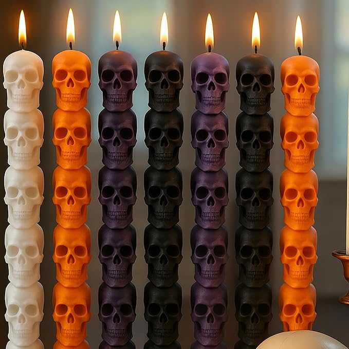 Nuanchu 12 Pack Halloween Skull Taper Candles 10 Inch Unscented Dripless Skeleton Candles for Halloween Party Decor, Table Centerpiece, Gothic Home Decoration, Spooky Gifts