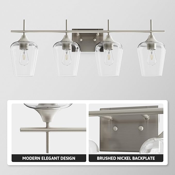 VONLUCE Bathroom Vanity Light, 4 Light Bathroom Light Fixture Over Mirror, Bathroom Wall Lamp with Clear Glass, Modern Brushed Nickel Vanity Lighting fixtures for Bathroom, Bedroom, Hallway