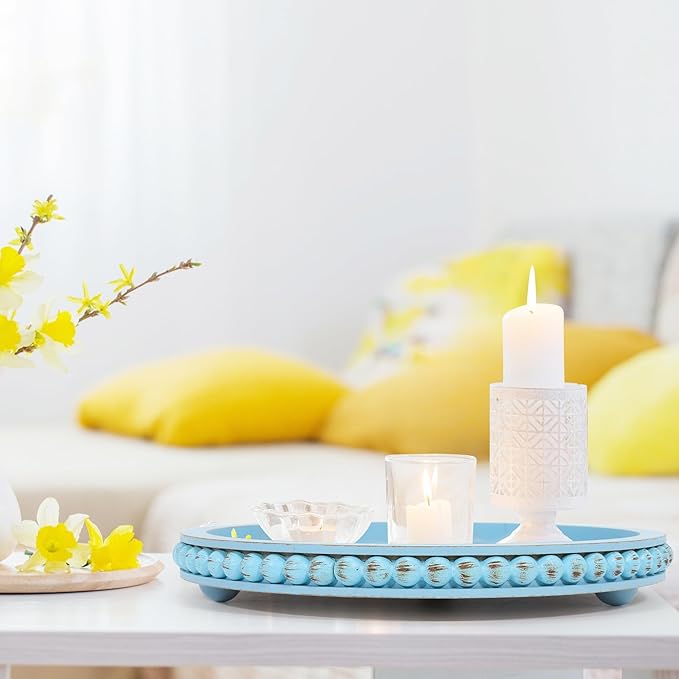 HPC Decor 12in Round Blue Wood Beaded Tray - Decorative Living Room, Coffee Table, Kitchen Table, Dining Room or Farmhouse Serving Tray