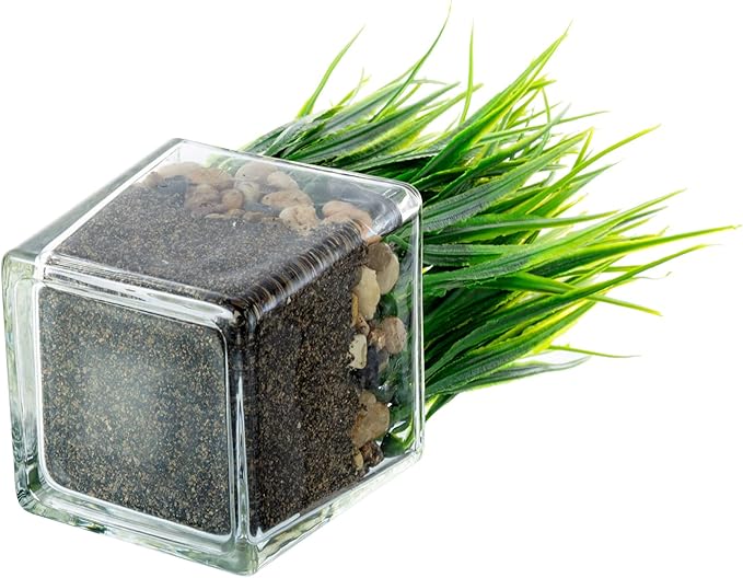 MyGift Artificial Grass Plants in Modern Square Clear Glass Pots with Faux Pebbles and Soil, Decorative Potted Greenery Plant in Tabletop Planter, Set of 2