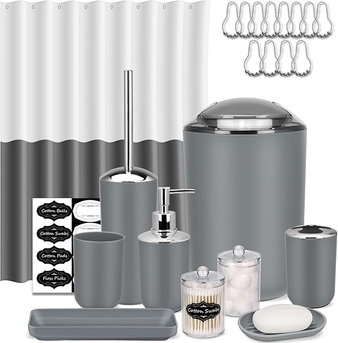 IMAVO Bathroom Accessories Set,Grey Bathroom Set,22 Pieces Bathroom Accessory Set with Shower Curtain,Qtip Holders,Toilet Brush,Trash Can for Bathroom Décor and Home Gifts