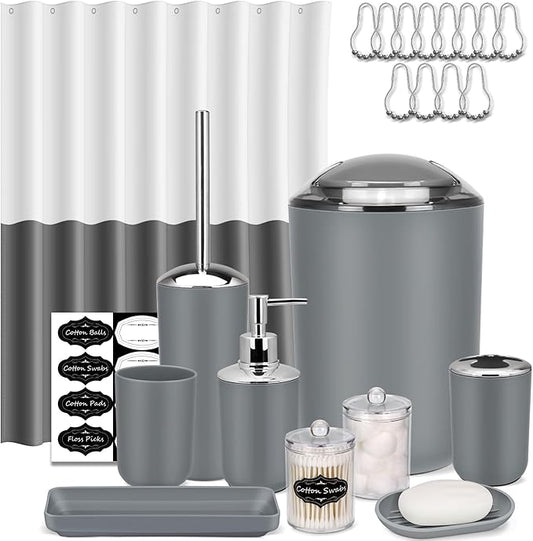 IMAVO Bathroom Accessories Set,Grey Bathroom Set,22 Pieces Bathroom Accessory Set with Shower Curtain,Qtip Holders,Toilet Brush,Trash Can for Bathroom Décor and Home Gifts