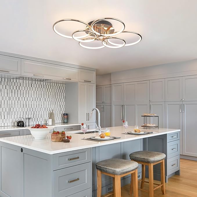 Modern Ceiling Lights, 6 Rings Dimmable Gold LED Ceiling Light Fixtures with Remote Control, 56W Close to Ceiling Lighting for Living Room, Bedroom, Dining Room