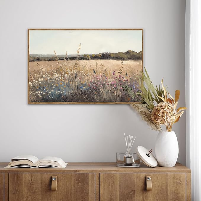 KBKBART Framed Vintage Wall Art Prints, Retro European Country Autumn Wildflower Field Landscape Canvas Painting Farmhouse Decor, Rustic Antique Framed Canvas Wall Art for Bathroom, Bedroom, Living