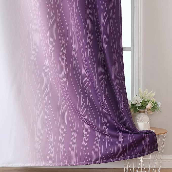 Estelar Textiler Ombre Blackout Curtains 102 Inches Long 2 Panels Set, Purple and Greyish White Thermal Insulated Drapes for Bedroom, Full Room Darkening Grommet Curtains for Living Room, 52Wx102L
