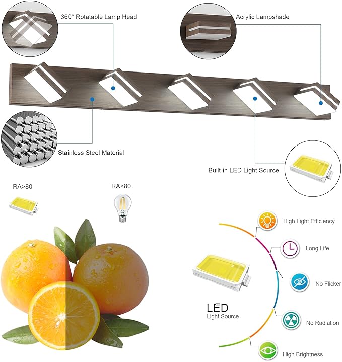 SineRise LED Modern Bathroom Vanity Light Fixtures (5-Light, 40-Inch), Brown Wood Painted Modern Acrylic Bathroom Wall Lighting Fixtures Over Mirror (Cool White 6000K)