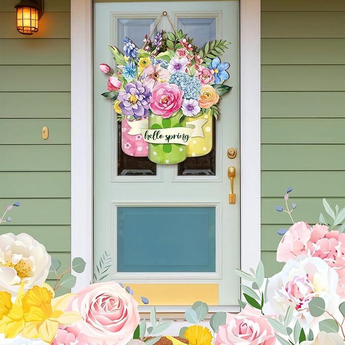 Spiareal Spring Welcome Sign Spring Flower Decor Wood Hanging Door Sign Outdoor Decorations for Farmhouse Porch Front D Decoration