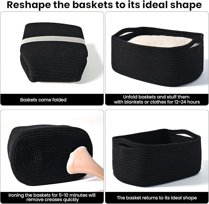Small Black Baskets for Organizing, Storage Baskets for Shelves, Small Woven Cotton Rope Basket for Storage, Basket for Gifts Empty, 13"×8.5"×5.1" (3 Packs) Black