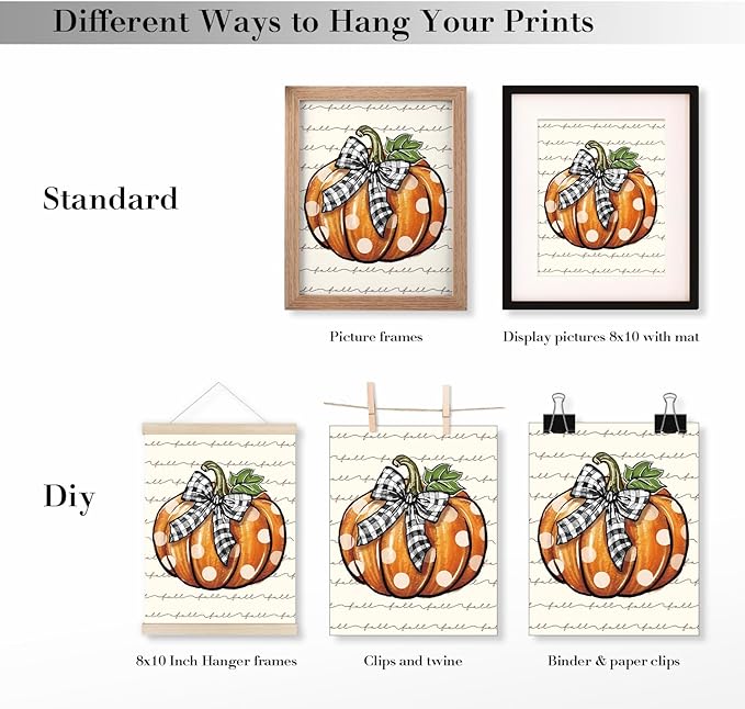 JXREQ Fall Decor Pumpkin Wall Art Hello Pumpkin Posters, Rustic Farmhouse Truck Autumn Leaves Wall Decor, Fall Art Prints for Harvest Thanksgiving Kitchen Bedroom Living Room, 8x10 Inch 4Pcs Unframed