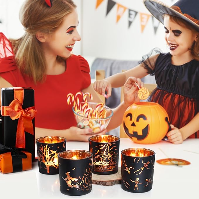 SHMILMH Halloween Glass Candle Holders Set of 4, Votive Tealight Holder Candle Jar for Making Candle, Halloween Office Kitchen Mantel Table Centerpiece Decoration