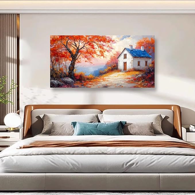 Autumn Scenery Canvas Wall Art Bedroom Wall Decor Living Room,Abstract Wall Art Office Paintings Artwork Modern Abstract Village House Red Tree Pictures Art Prints Ready to Hang-20x40inch