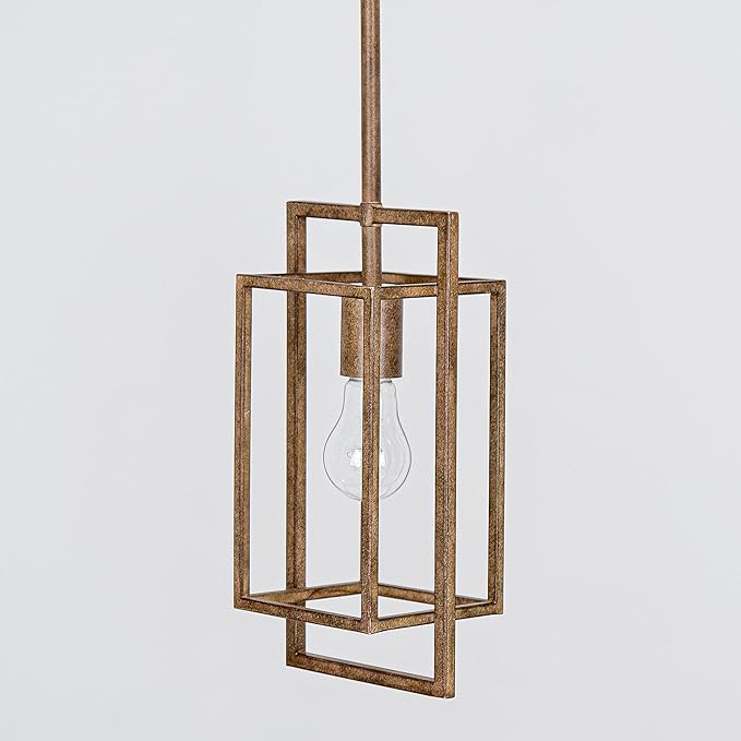 Antique Brown Pendant Lighting Fixture with Geometric Metal Cage, 1-Light Retro Inspired Farmhouse Mini Hanging Lamp with Height Adjustable Rods for Kitchen Island, Cafe Bar, Dining Room