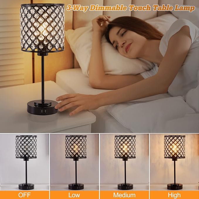 Crystal Touch Control Table Lamp with 2 USB Charging Ports, 3-Way Dimmable Black Crystal Table Bedside Lamp Nightstand Desk Light for Bedroom, Girls Guest Room, Living Room, Bulbs Included