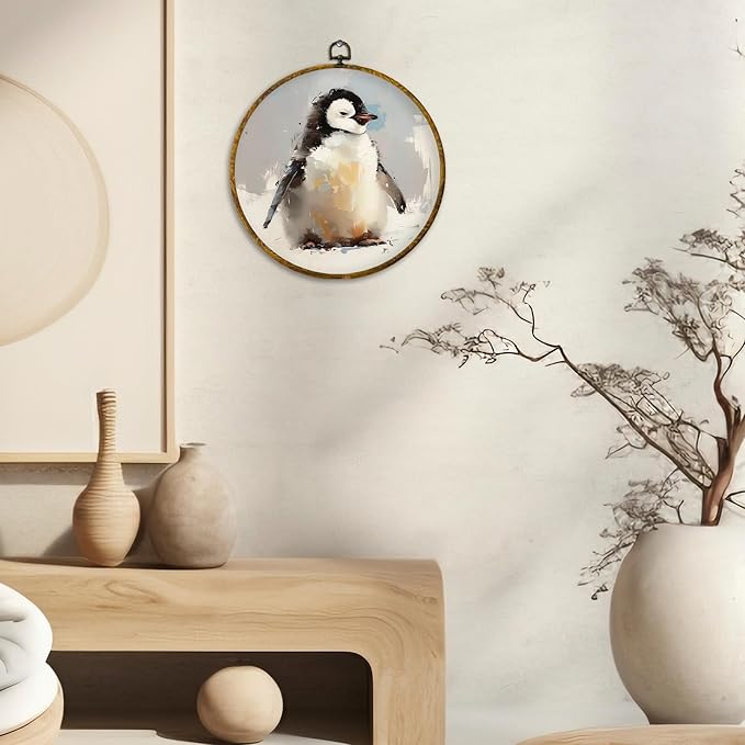 CUANFDDSF Christmas Winter Penguin Round Wall Art Decor, Rustic Winter Penguin Wall Hanging Frame Decor, Farmhouse Christmas Animal Canvas Prints Decorations for Home Bedroom Living Room, 10x10 Inch