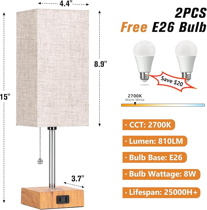 Bedside Table Lamps for Bedroom Nightstand, Bedroom Lamp with 3 Color Temperatures Nightstand Lamps Set of 2 with AC Outlets, Square Pull Chain Bedside Lamp for Living Room, Home Decor