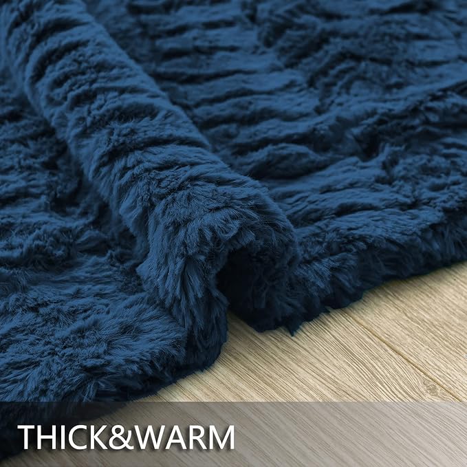 YUSOKI Luxury Faux Fur Blanket for Queen Size Bed 2 Layers,7.3lb,All Ages,Home Decoration Without Pillows (Navy Blue,90"x90")