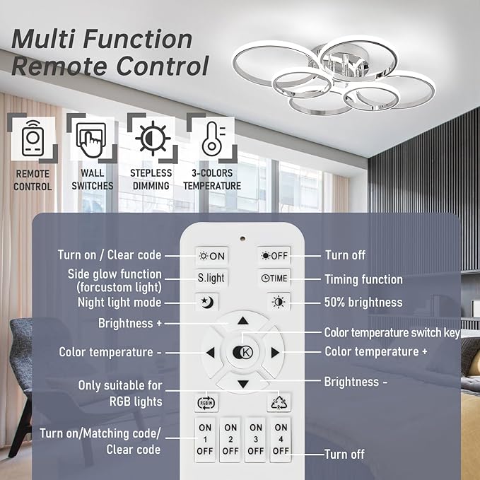 Modern Ceiling Lights, 6 Rings Dimmable Chrome LED Ceiling Light Fixtures with Remote Control, 60W Close to Ceilings Lighting for Living Room, Bedroom, Dining Room